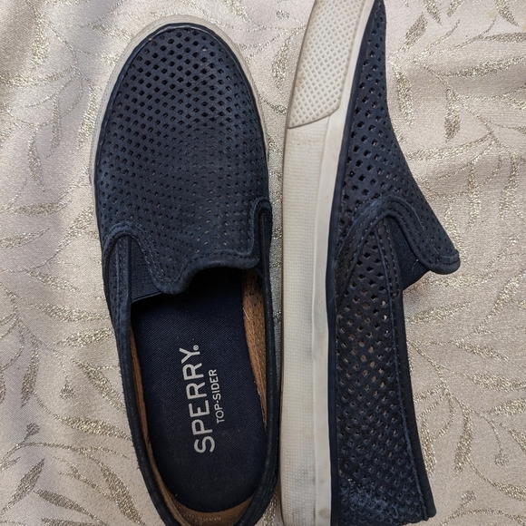 SPERRY SLIDES Dusty Blue Leather Slip On Sneakers Wm Sz 5 - Picture 2 of 11